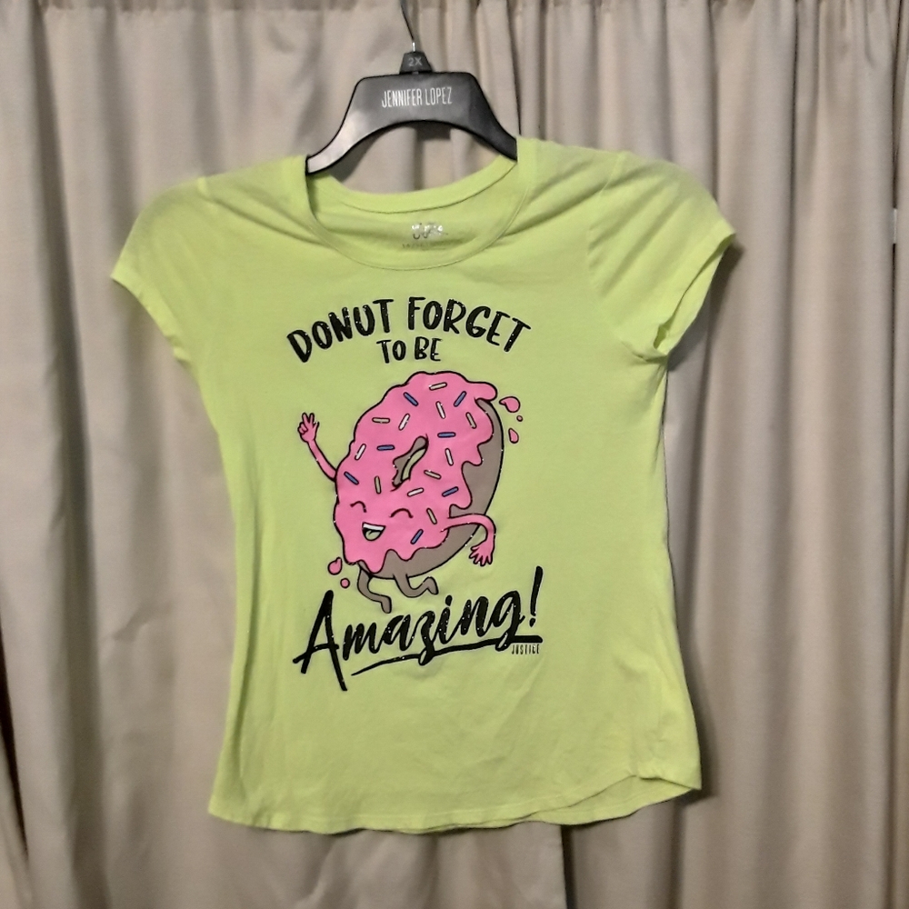 Justice yellow shirt with donut image.